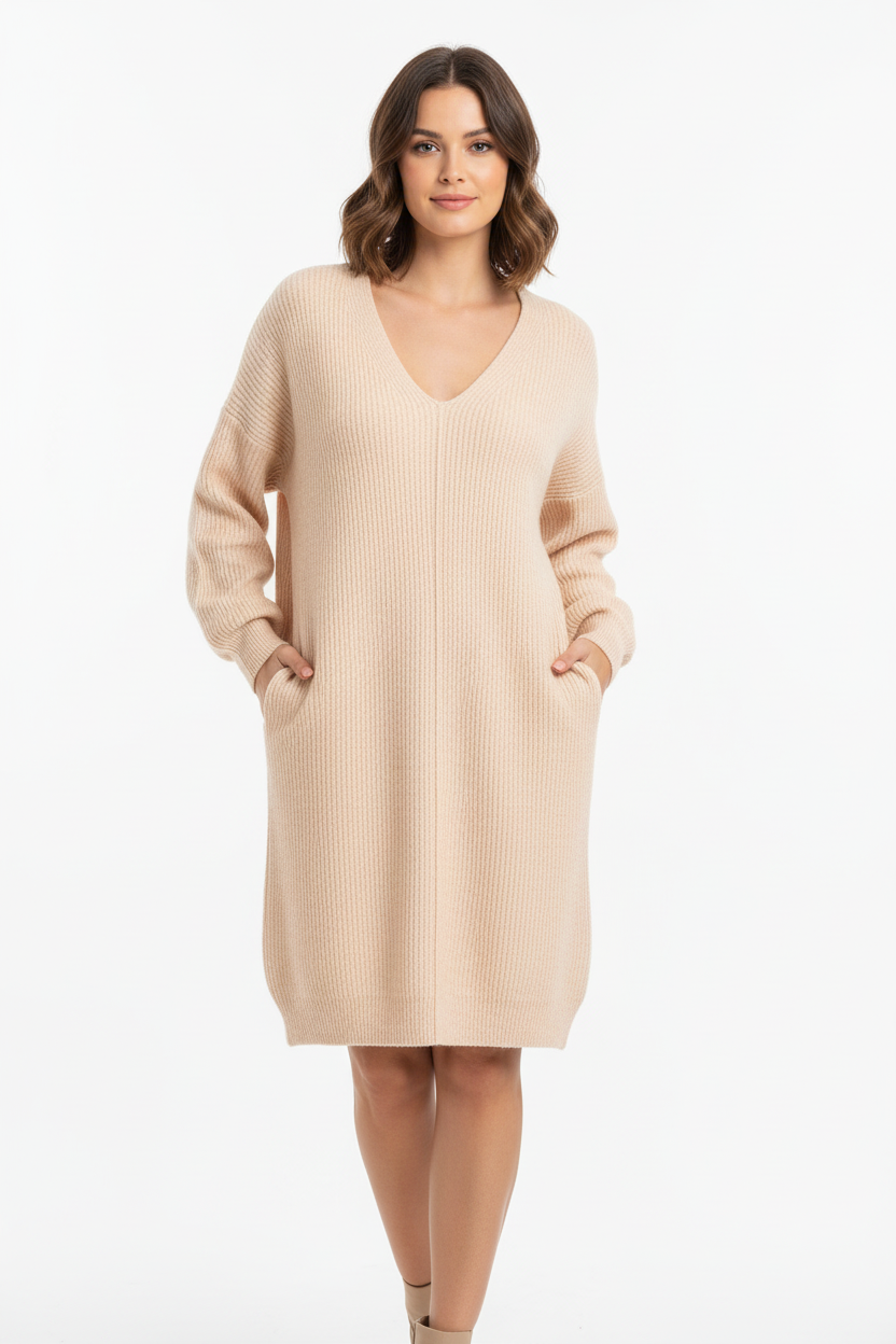 Robe pull col V manches longues tricot abricot crème - pose confiante confortable montrant l'équilibre entre confort et élégance, texture tricot douce chaleureuse, coupe féminine décontractée, style cosy chic - BLACK-COAT