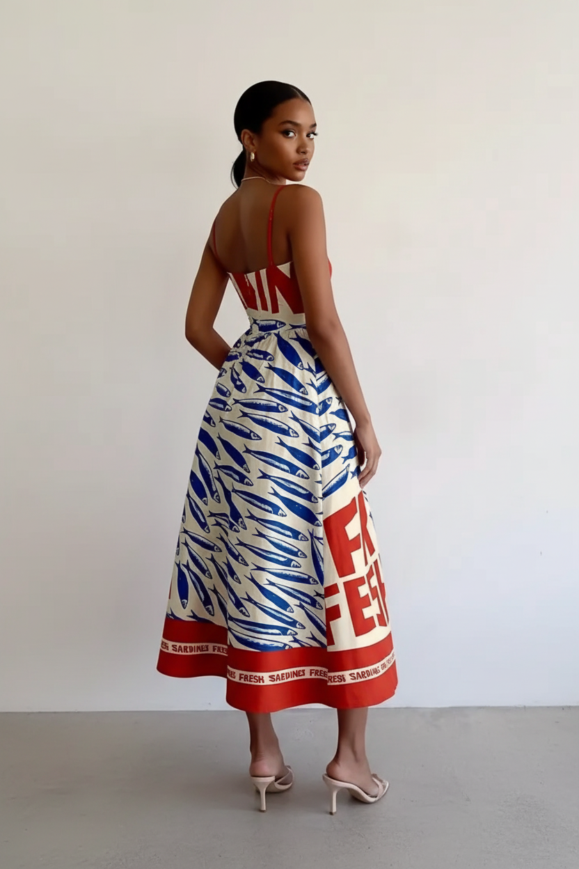  Robe midi imprimé sardines Black-Coat - vue de dos dévoilant les bretelles ajustables et la coupe évasée