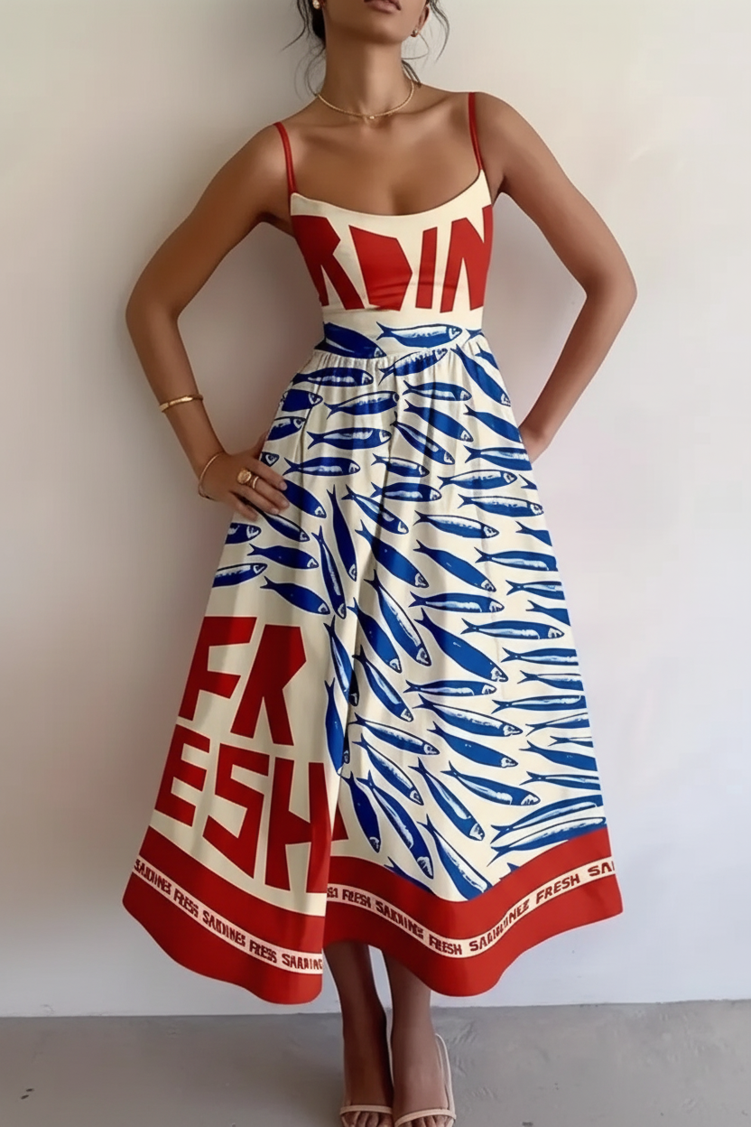  Robe midi imprimé sardines Black-Coat - vue de face montrant le motif graphique bleu et rouge avec bretelles spaghetti et taille smockée 