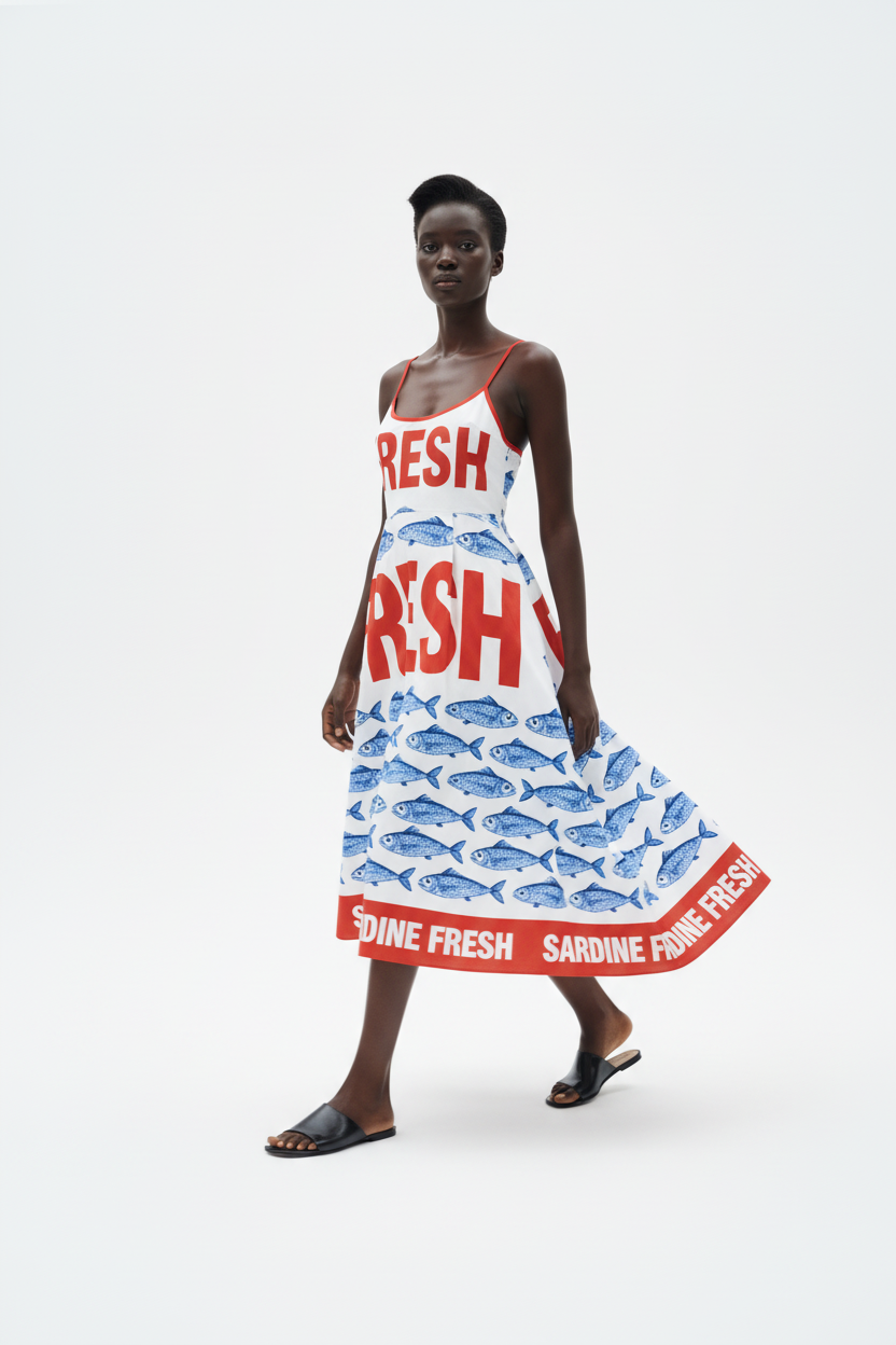  Robe midi imprimé sardines Black-Coat - vue diagonale en mouvement illustrant la fluidité et le dynamisme de la robe