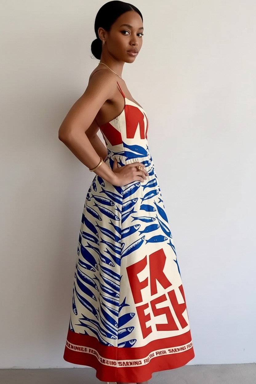  Robe midi imprimé sardines Black-Coat - vue latérale complète montrant la coupe ajustée et la ligne épurée de la silhouette