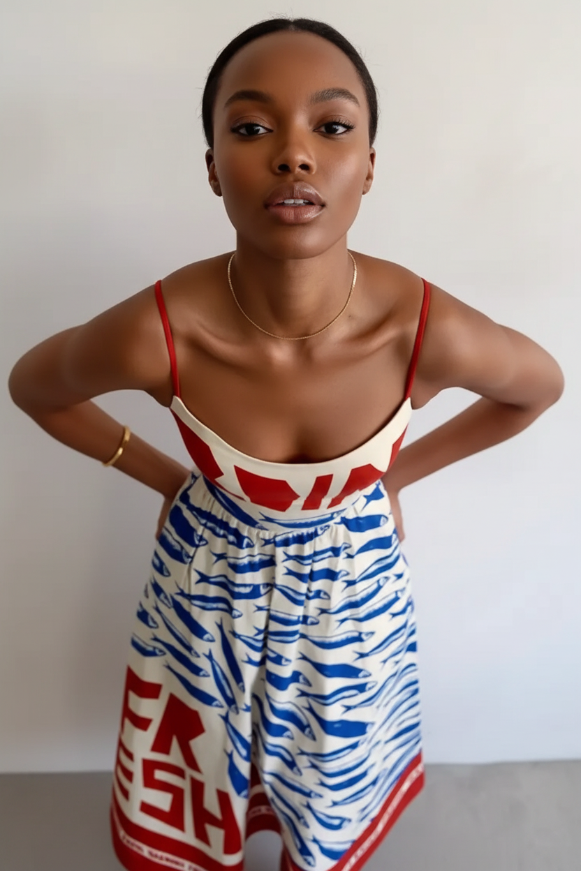  Robe midi imprimé sardines Black-Coat - vue plongée sur le décolleté révélant les bretelles spaghetti et le motif graphique