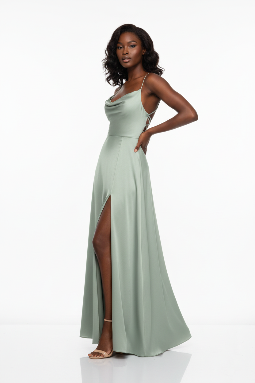Robe maxi satin vert sauge Black-Coat - vue complète de face avec mannequin noire en pose confiante montrant la silhouette élégante, la longueur maxi fluide et l'encolure cowl neck romantique, vêtement tendance abordable
