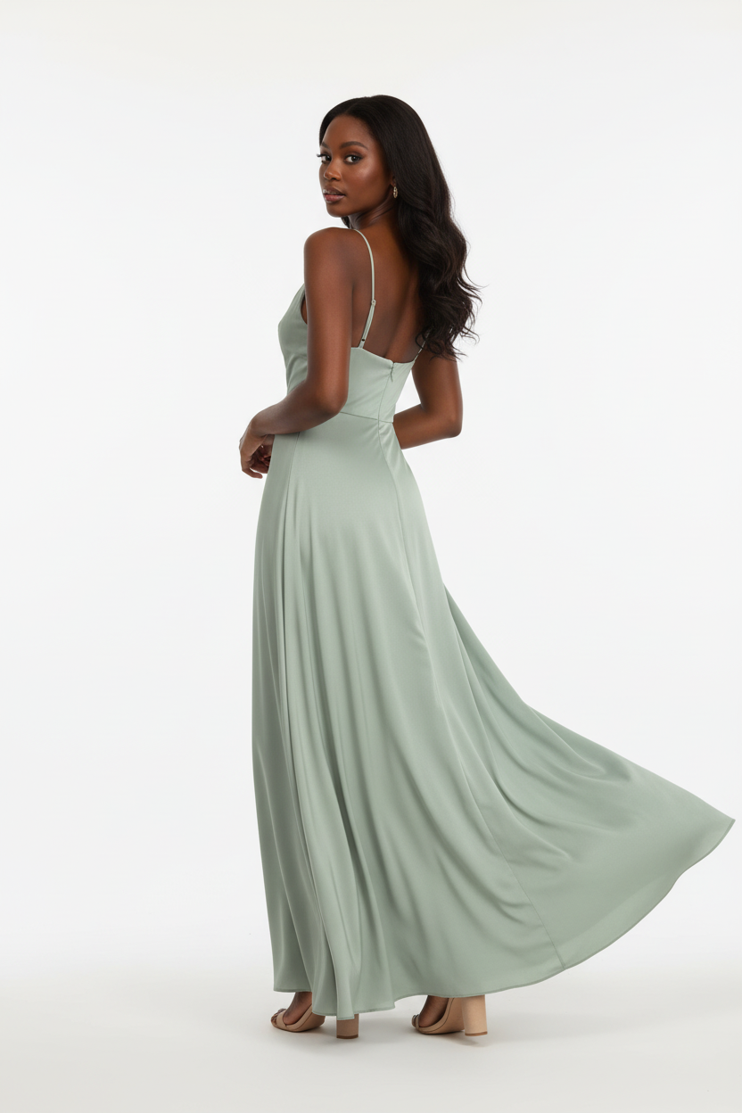 Robe maxi satin vert sauge Black-Coat - vue arrière avec mannequin montrant le dos nu avec détail lacet sophistiqué et les bretelles spaghetti délicates, collection premium accessible
