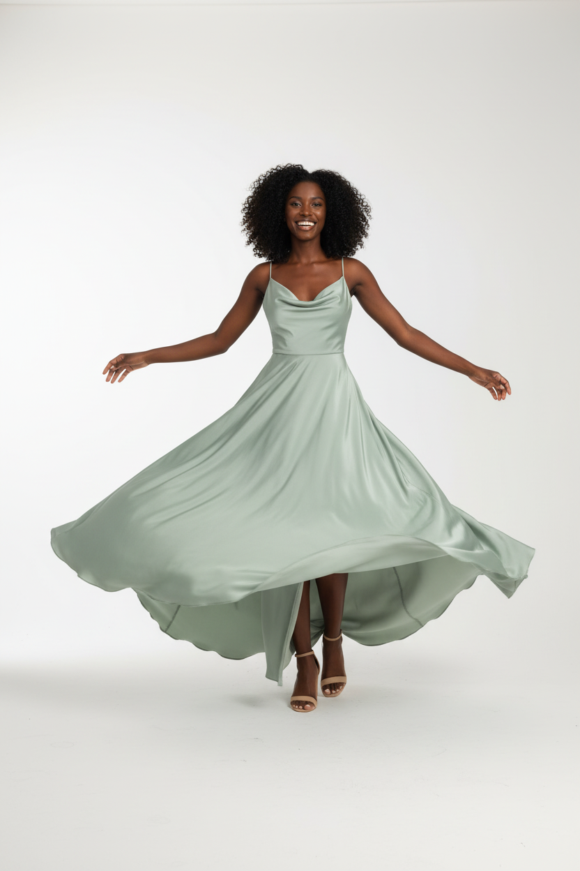 Robe maxi satin vert sauge Black-Coat en mouvement dynamique - mannequin en rotation montrant la fluidité spectaculaire du tissu satin et l'élégance du drapé cowl neck, style féminin sophistiqué à prix doux
