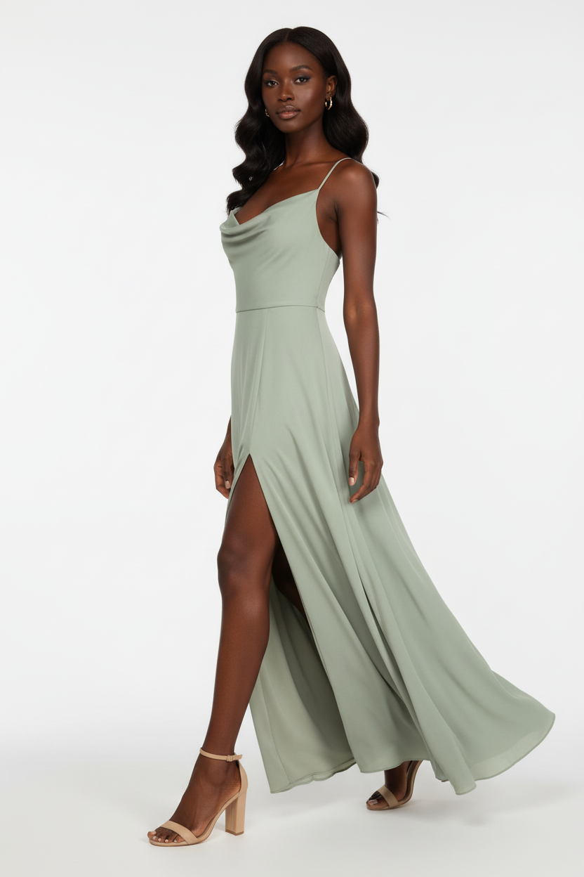 Robe maxi cowl neck satin vert sauge Black-Coat - vue trois-quarts avec mannequin  en marche montrant la jambe à travers la fente et le mouvement gracieux du tissu, vêtement élégant tendance abordable
