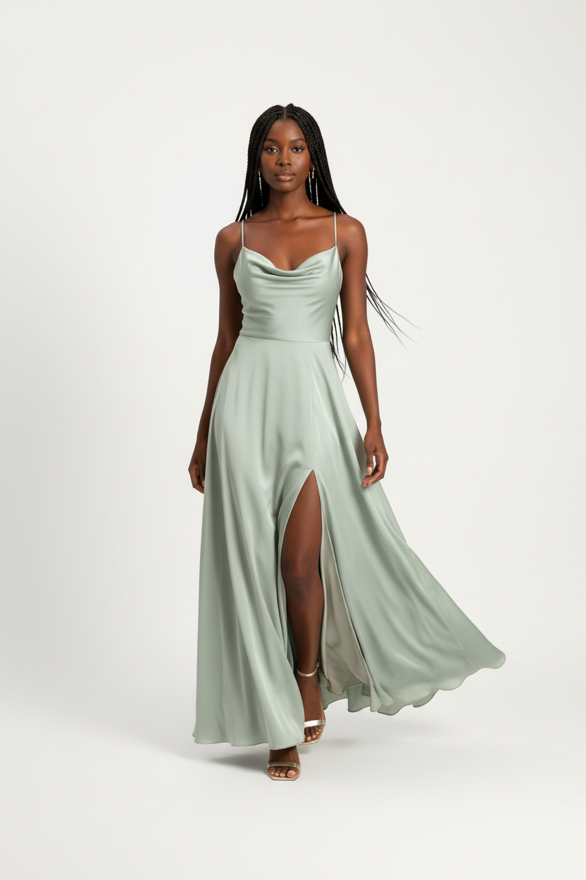 Robe maxi satin vert sauge Black-Coat avec encolure cowl neck - vue de face avec mannequin en mouvement montrant le drapé élégant et la fluidité du tissu, mode féminine premium accessible
