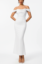 "Robe sirène maxi blanche épaules dénudées froncée - look élégant mariée soirée complet montrant la robe de soirée ou mariée sophistiquée avec décolleté bardot off-shoulder manches drapées, corsage froncé moulant bodycon sculptant, silhouette sirène mermaid évasée, tissu blanc pur élégant, silhouette gracieuse chic, fond blanc studio professionnel BLACK-COAT"