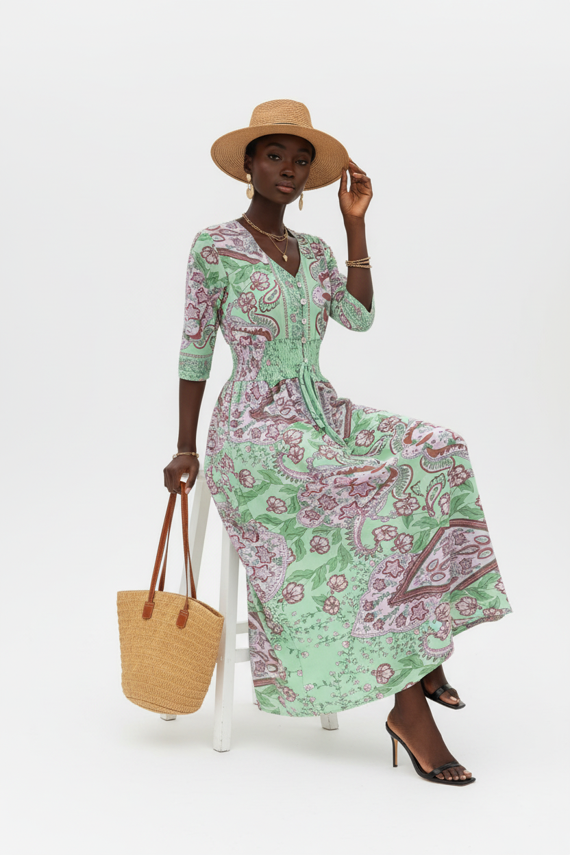  Robe Smockée à Imprimé Paisley Black-Coat verte et rose - pose assise montrant le drapé élégant et la taille smockée confortable