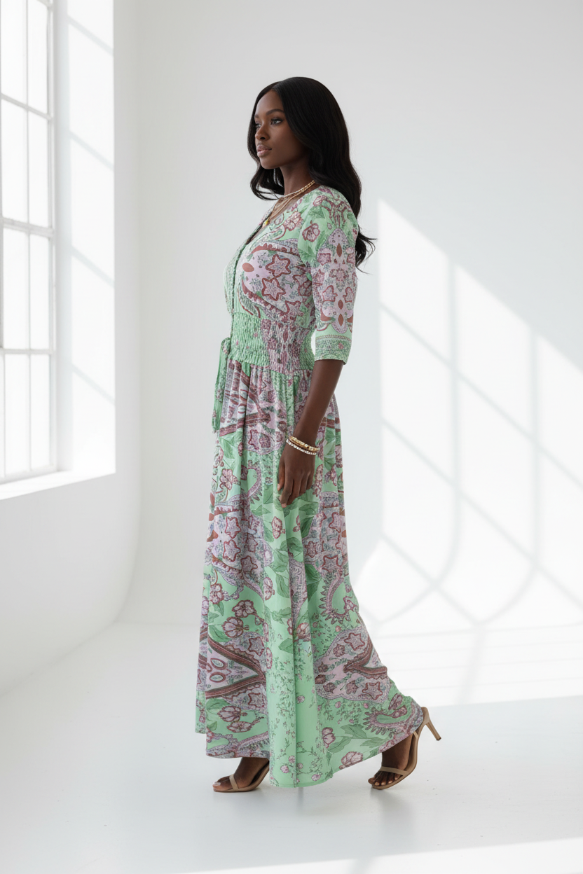  Robe Smockée à Imprimé Paisley Black-Coat verte et rose - vue de profil dévoilant la taille smockée flatteuse et les manches mi-longues
