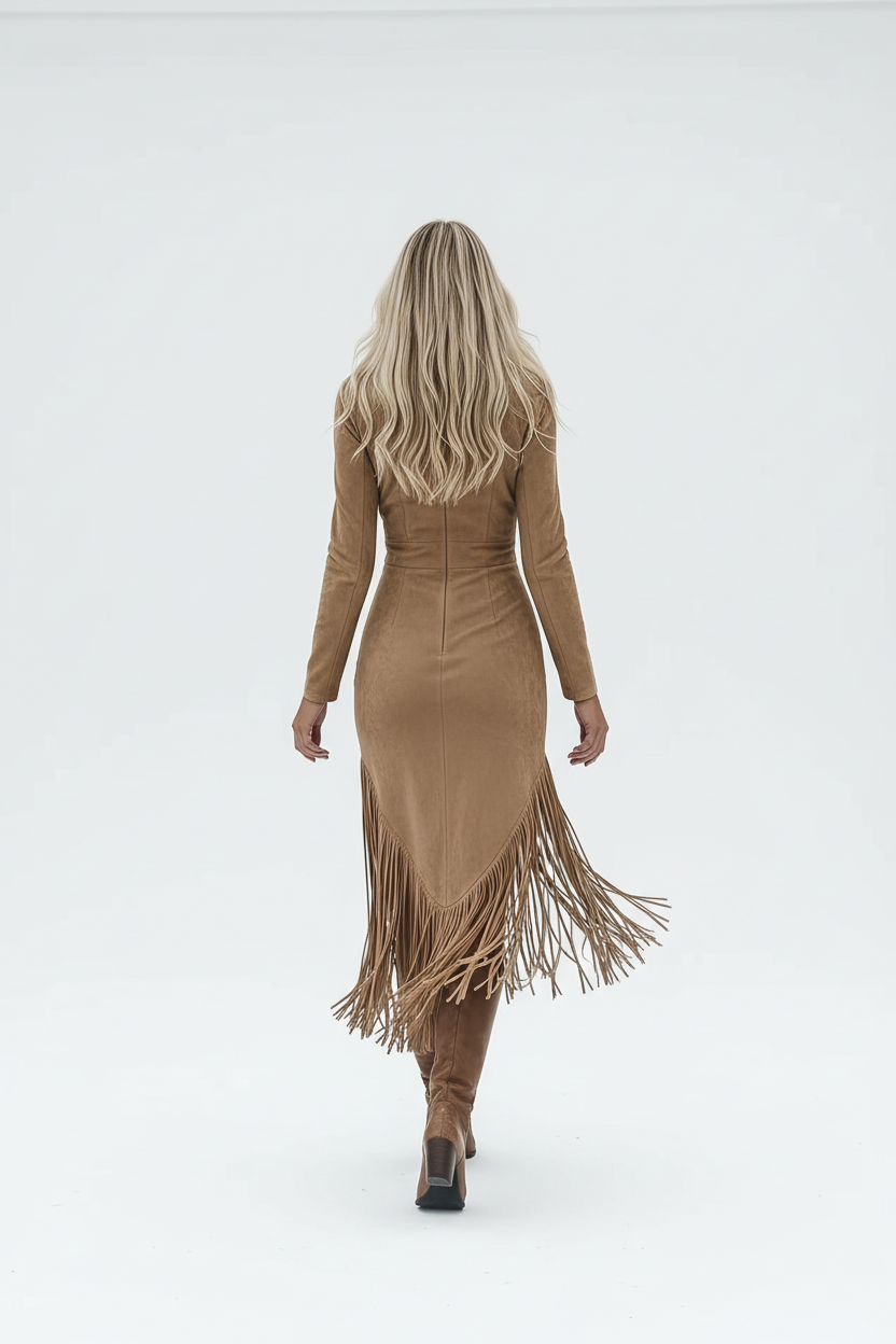  Robe manches longues zip frontal à franges - vue de dos montrant la coupe ajustée et les finitions soignées de la robe suédine - BLACK-COAT