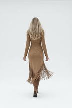  Robe manches longues zip frontal à franges - vue de dos montrant la coupe ajustée et les finitions soignées de la robe suédine - BLACK-COAT