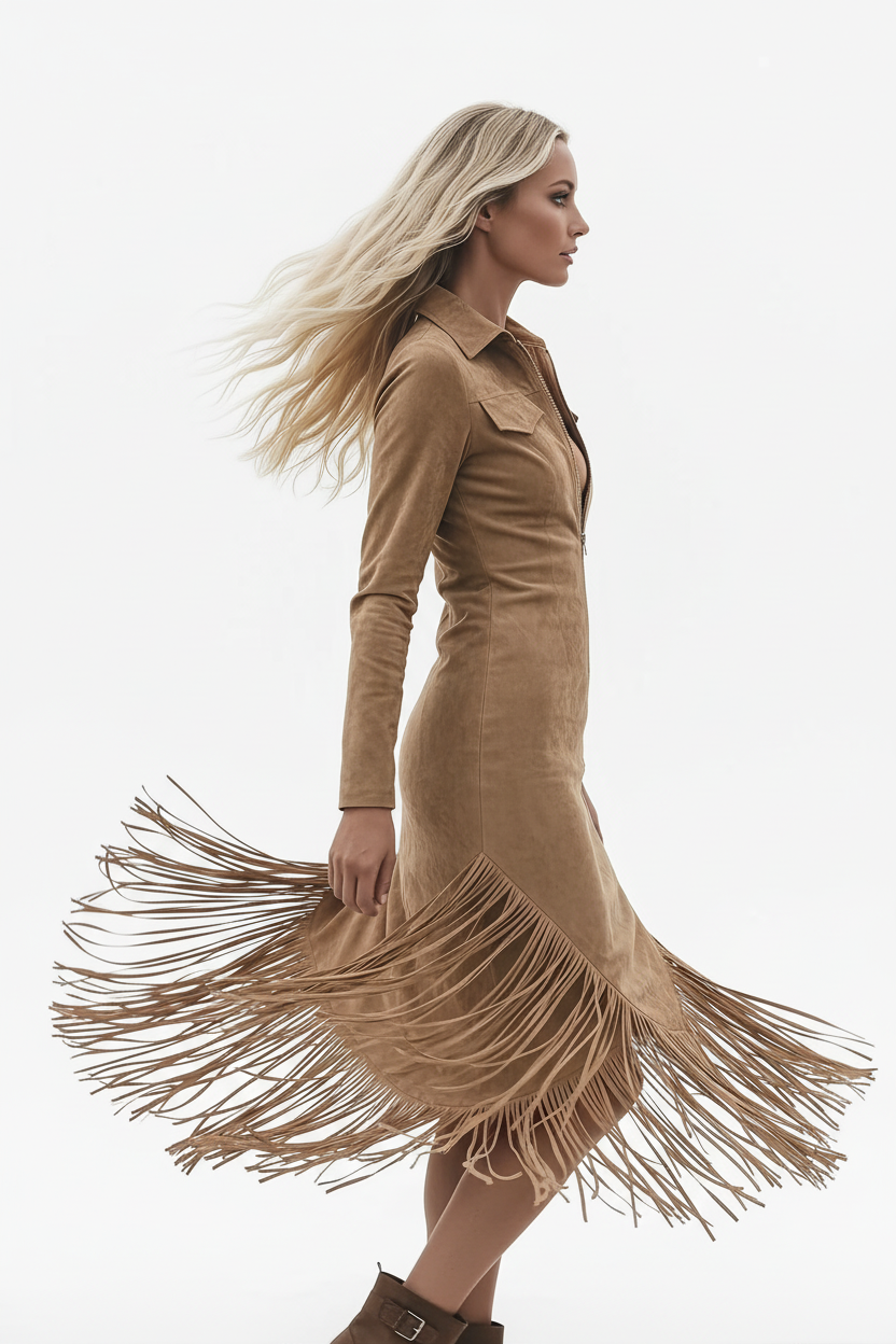 Robe suédine à franges camel - vue de profil en mouvement révélant les franges fluides en mouvement et la silhouette ajustée élégante - BLACK-COAT