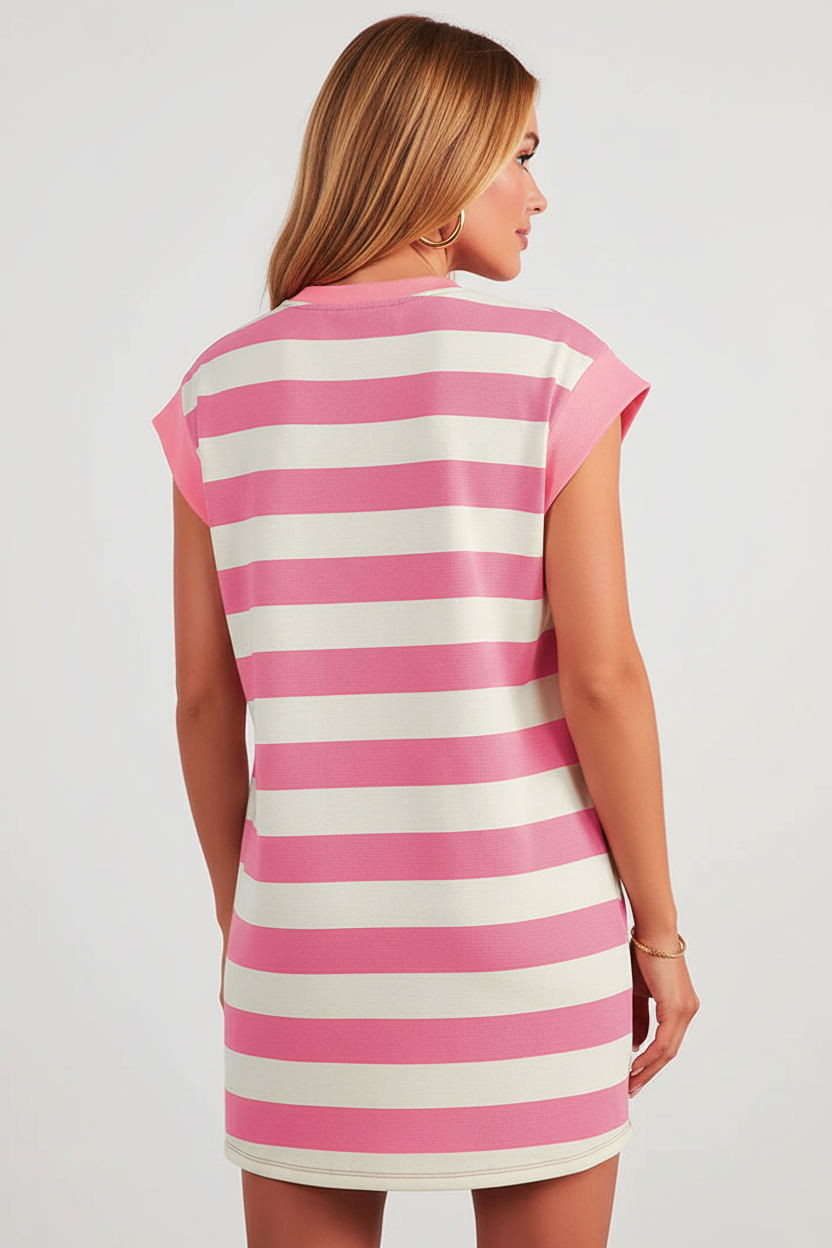Robe t-shirt rayée rose et blanc vue de dos montrant les rayures continues, les manches courtes et la coupe décontractée confortable - BLACK-COAT