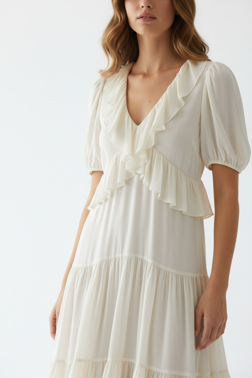  "Robe étagée encolure crantée manches courtes BLACK-COAT - gros plan haut du corps montrant détail de l'encolure crantée distinctive, finition des manches courtes et première couche étagée, mannequin en léger mouvement sur fond blanc studio"