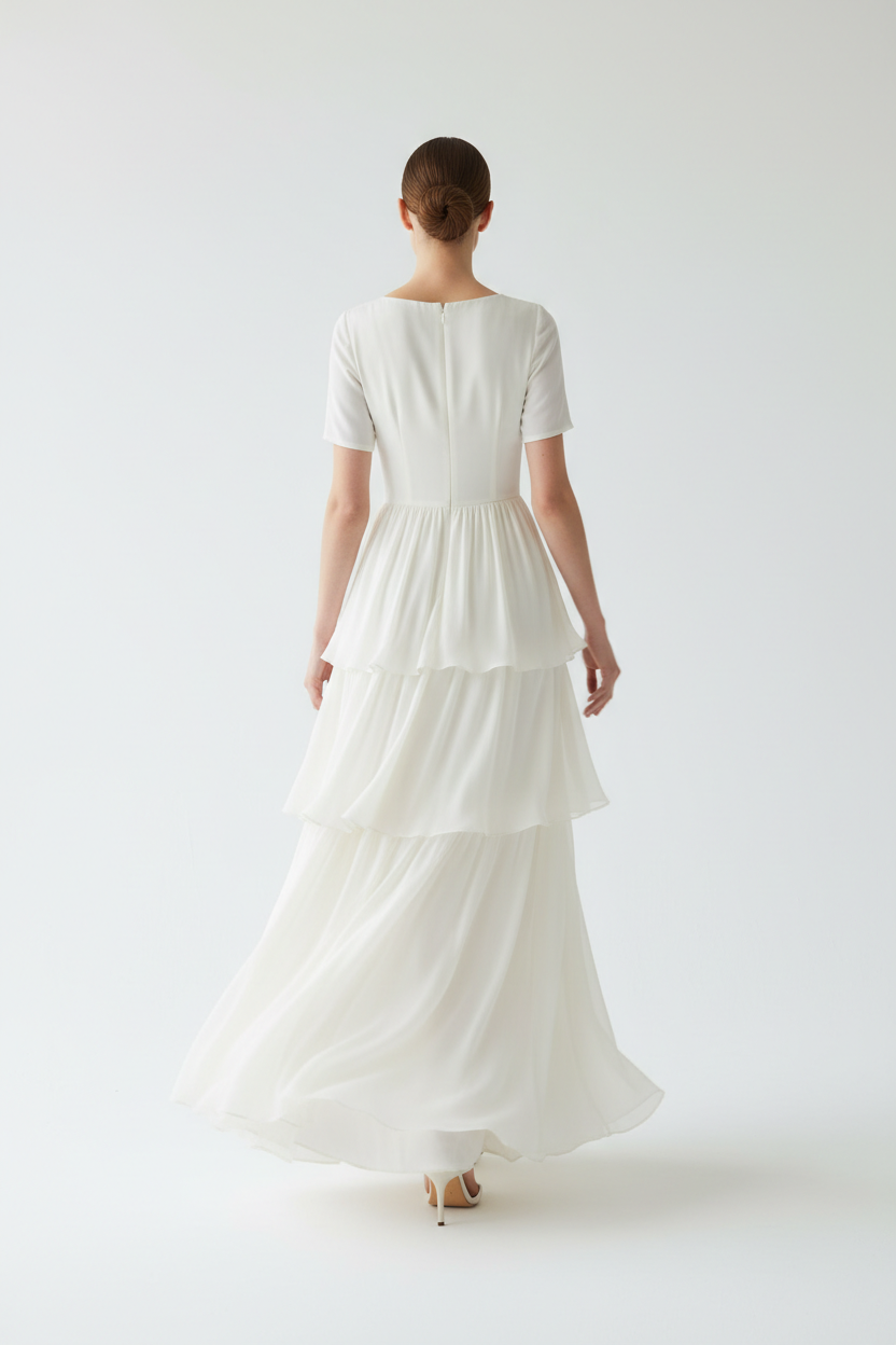  "Robe étagée encolure crantée manches courtes BLACK-COAT - vue de dos montrant mannequin en marche, détail de la construction étagée arrière, fluidité des volants en mouvement et ligne décontractée sur fond blanc studio"