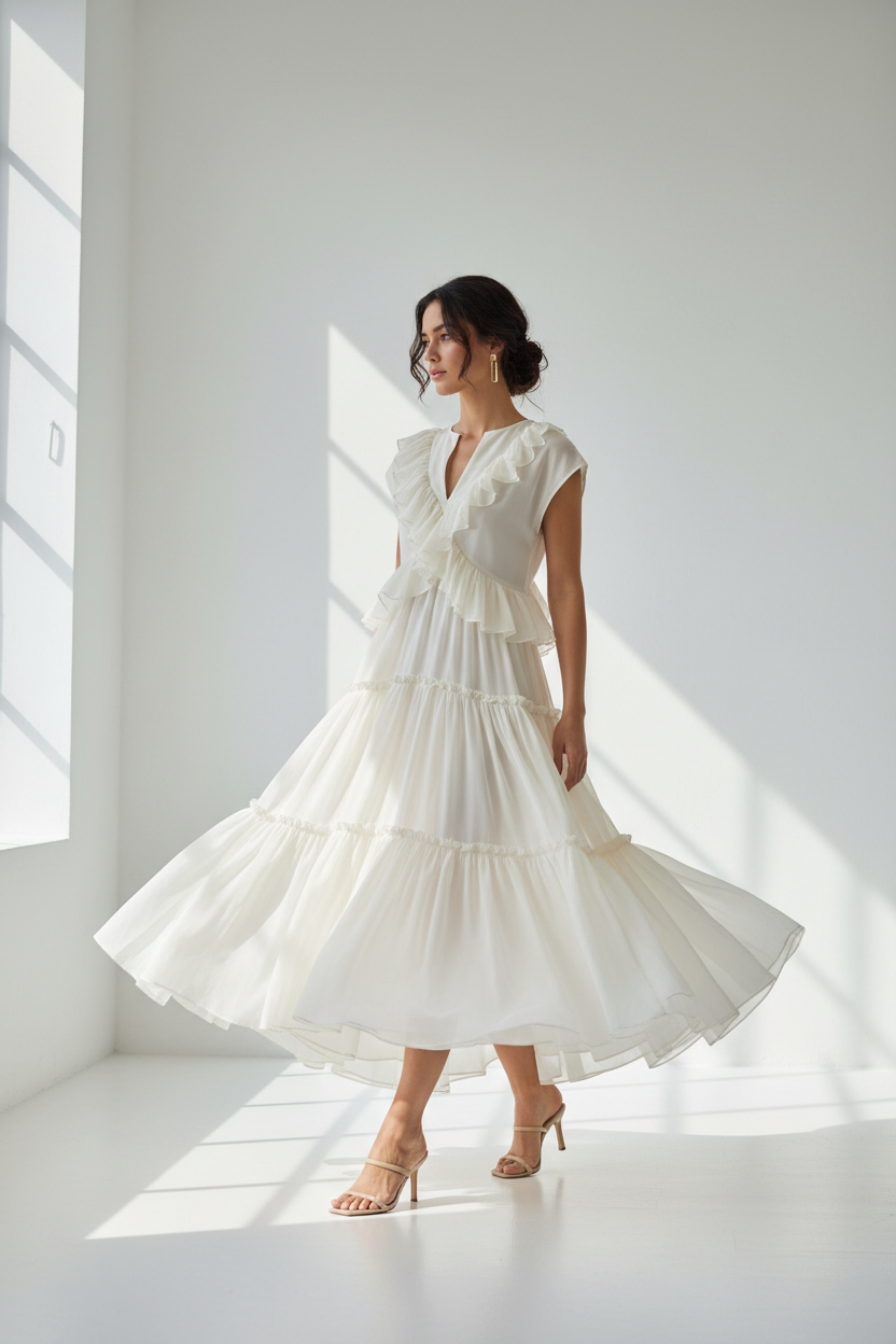 "Robe étagée encolure crantée manches courtes BLACK-COAT - vue de face montrant mannequin en mouvement de marche, silhouette fluide avec superposition des volants étagés, encolure crantée élégante et manches courtes féminines sur fond blanc studio"