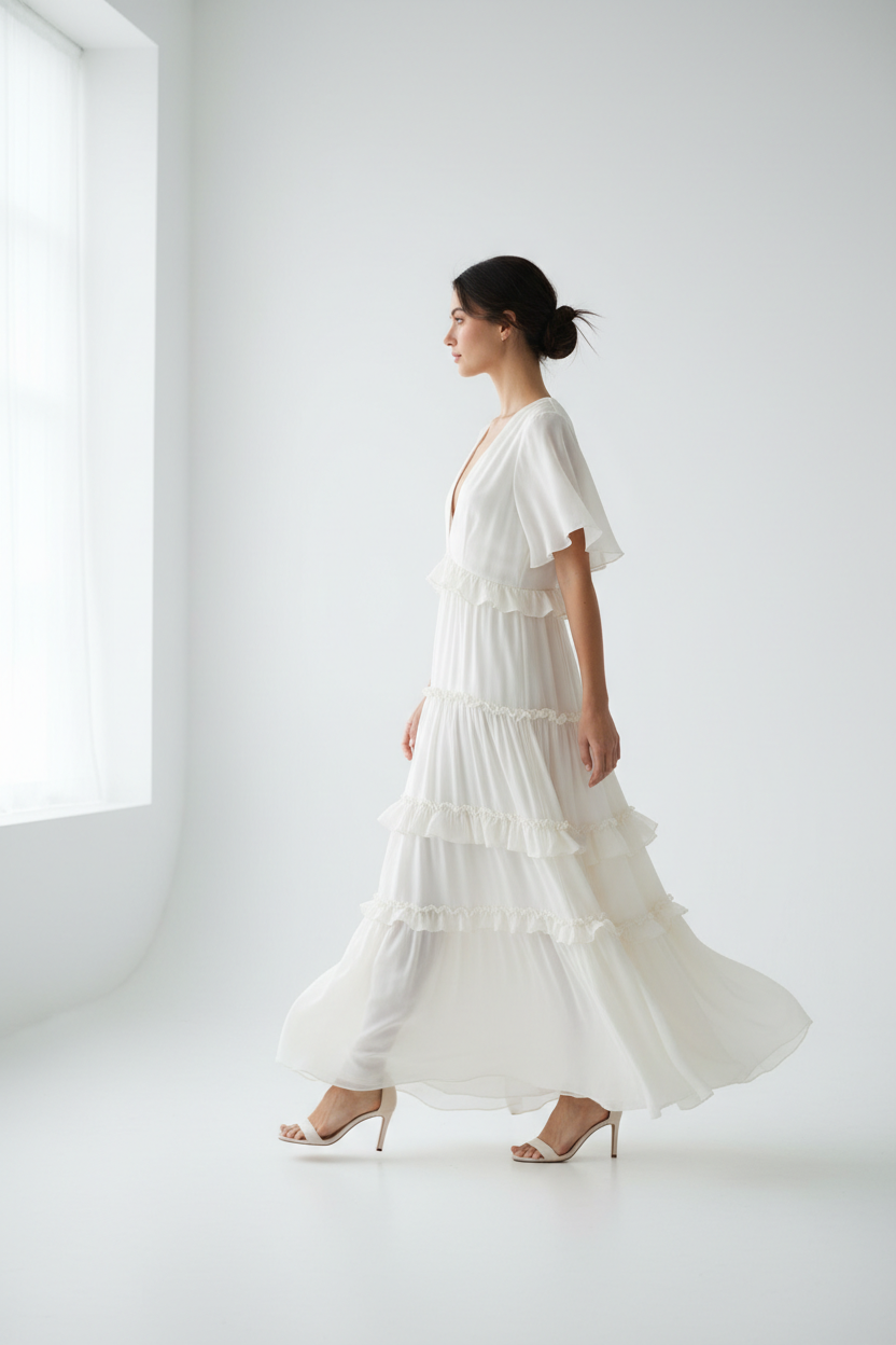 Robe étagée encolure crantée manches courtes BLACK-COAT - vue de profil latéral montrant mannequin en mi-pas, drapé naturel du tissu, silhouette étagée en mouvement et proportions élégantes sur fond blanc studio