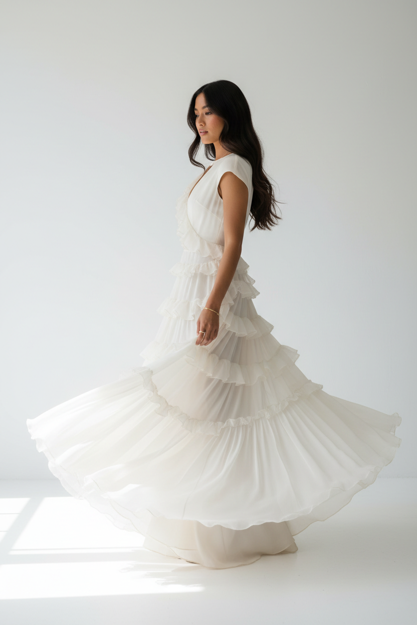 "Robe étagée encolure crantée manches courtes BLACK-COAT - vue trois-quarts latérale montrant mannequin en rotation gracieuse, mouvement des volants étagés, coupe décontractée élégante et tombé fluide du tissu sur fond blanc studio"