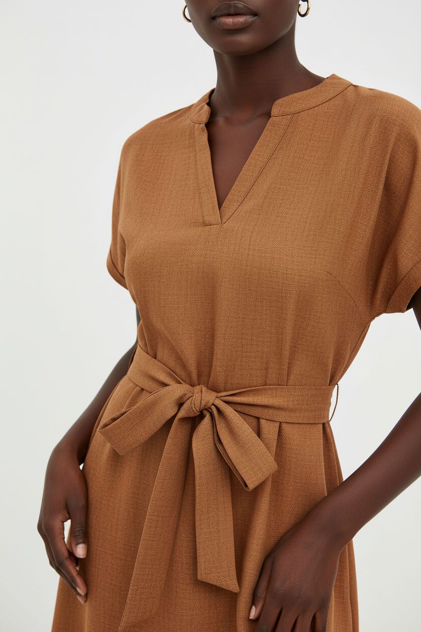  Robe texturée terracotta Black-Coat - détail rapproché de l’encolure crantée et de la ceinture nouée