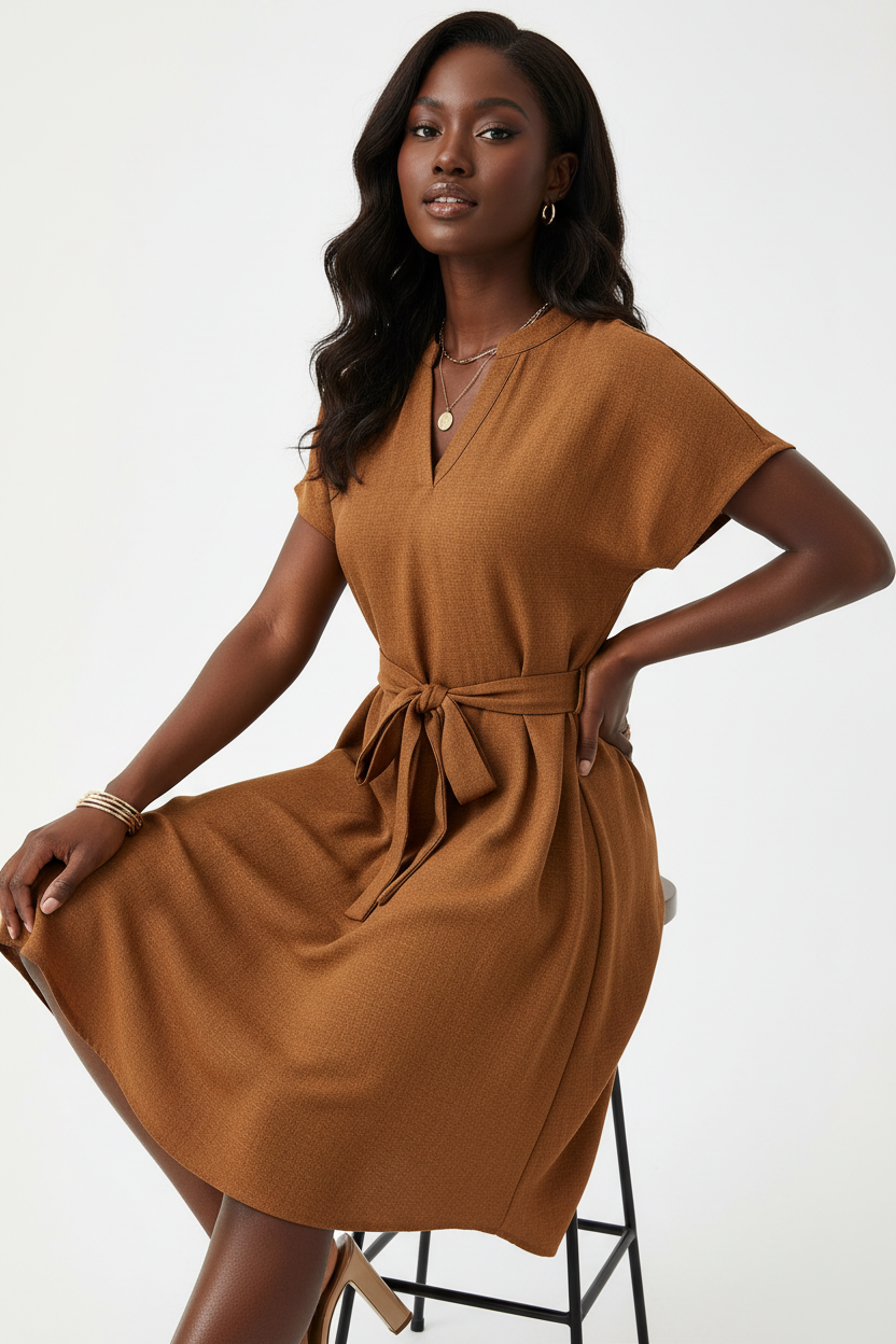  Robe texturée terracotta Black-Coat - vue assise démontrant le confort et le drapé structuré du polyester