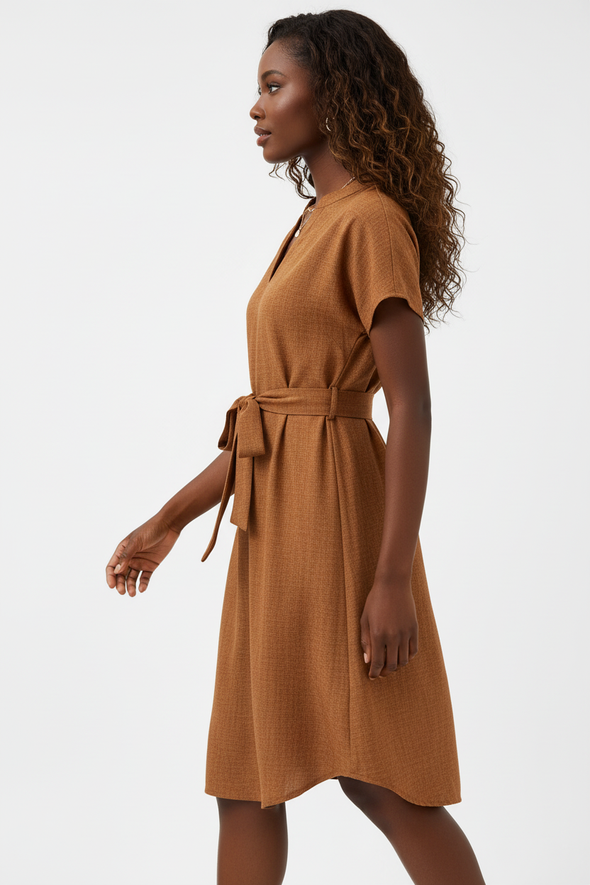 Robe texturée terracotta Black-Coat - vue de profil révélant la silhouette structurée et la texture raffinée du tissu