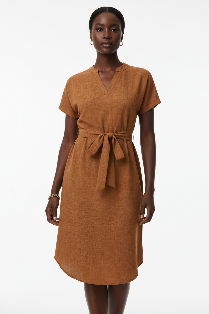 Robe texturée terracotta Black-Coat - vue pleine longueur montrant la silhouette complète et la longueur genou flatteuse 