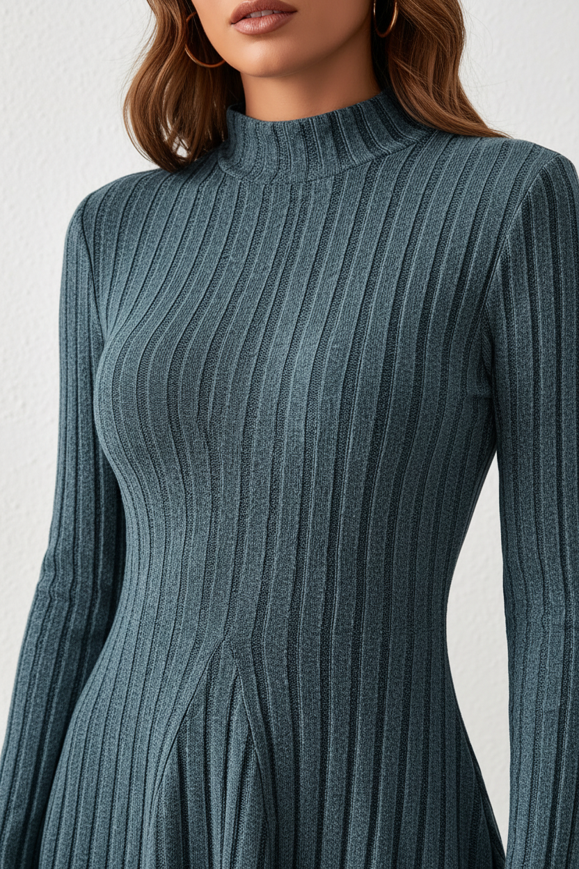 Robe tricot côtelé bleu canard col montant manches longues - détail rapproché montrant le col montant élégant, texture côtelée raffinée du tricot, qualité du tissu, finition soignée des manches - BLACK-COAT