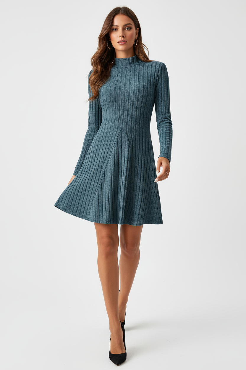  Robe tricot côtelé bleu canard col montant manches longues - vue en mouvement montrant le drapé naturel du tricot, fluidité de la robe portée activement, confort et élégance du vêtement minimaliste - BLACK-COAT