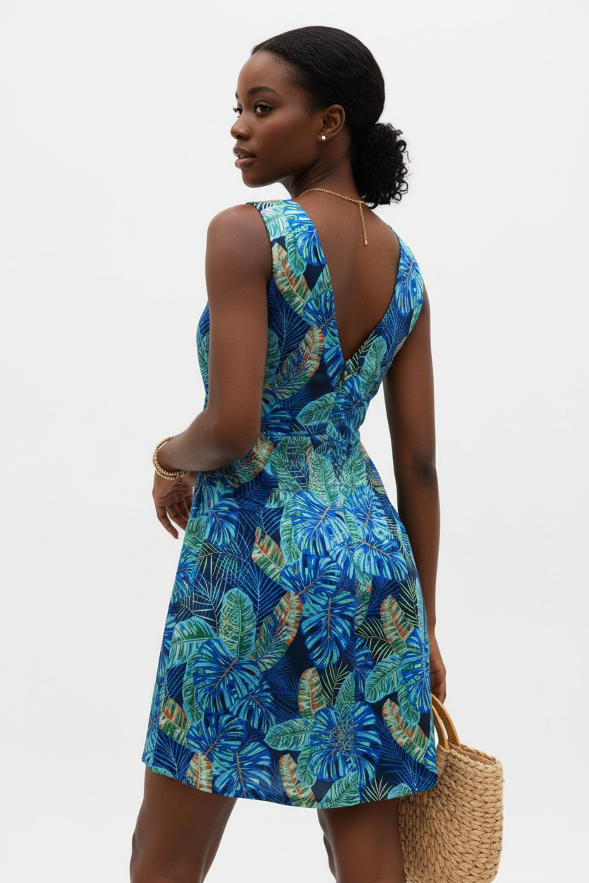 Robe d’été imprimé tropical Black-Coat - vue de dos dévoilant la coupe sans manches et la ligne épurée 