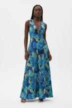 Robe d’été imprimé tropical Black-Coat - vue pleine longueur angle bas montrant la silhouette complète et le tombé élégant 