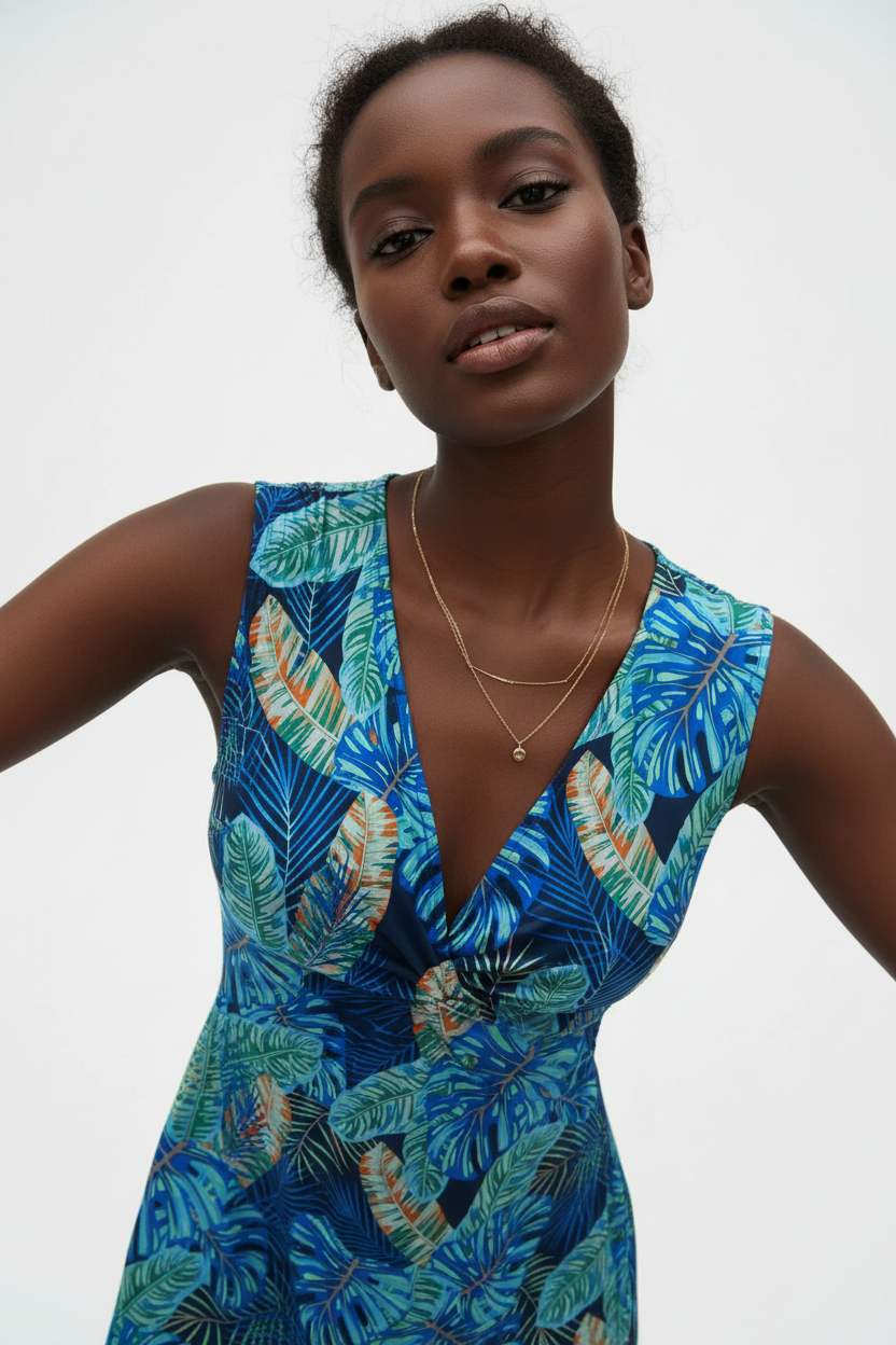  Robe d’été imprimé tropical Black-Coat - vue plongée sur le décolleté révélant les détails du motif palmier 