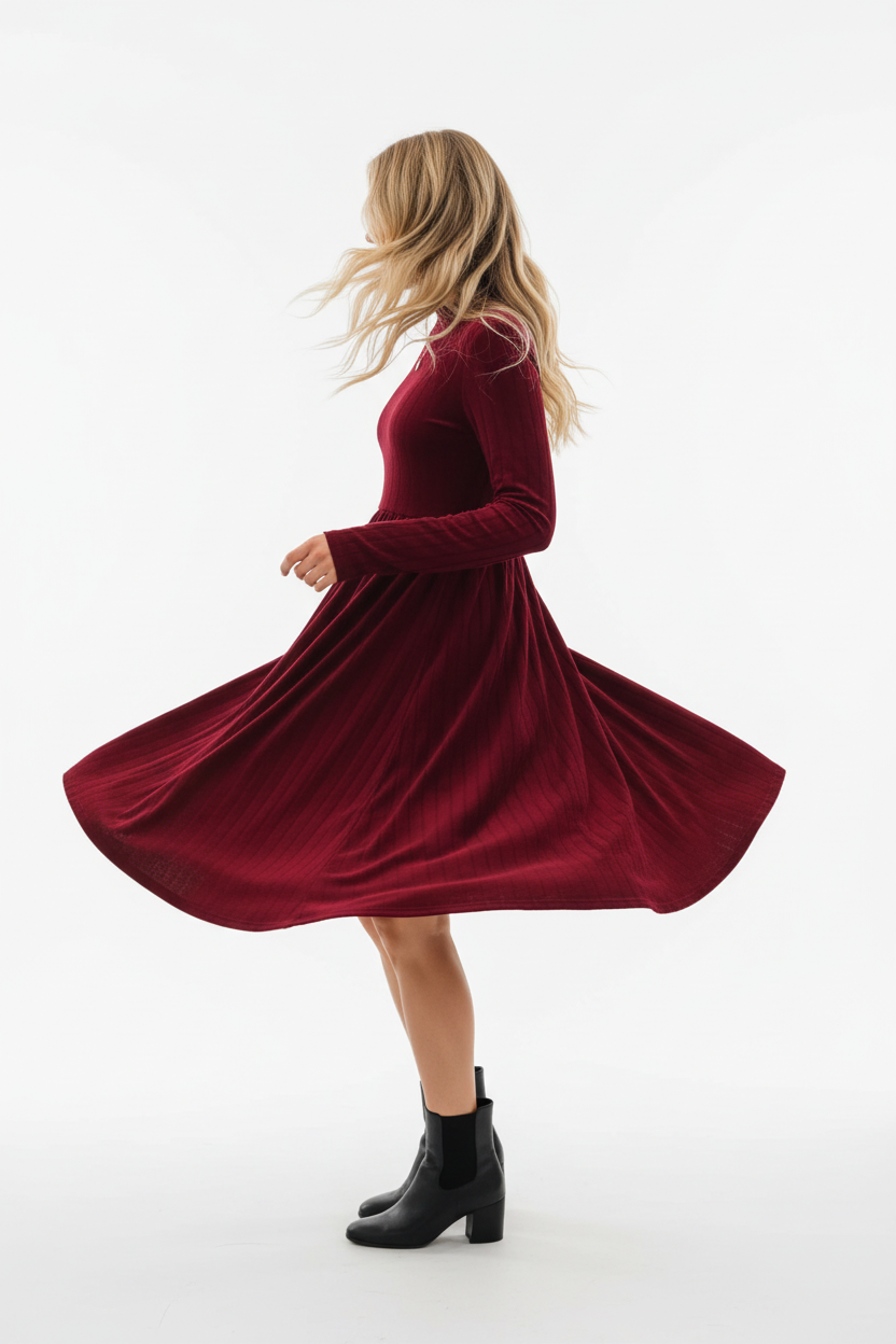 "Robe mini velours bordeaux col volant - en mouvement twirl montrant la jupe mini évasée qui tourne et s'ouvre, tissu velours fluide en mouvement dynamique, col à volants, texture bordeaux riche, fond blanc studio BLACK-COAT"