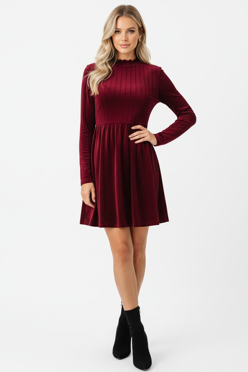 "Robe mini velours bordeaux col volant - look élégant romantique complet montrant la robe velours sophistiquée avec col montant à volants délicats, manches longues, jupe mini évasée ligne A, texture velours bordeaux luxueuse, silhouette chic, fond blanc studio professionnel BLACK-COAT"