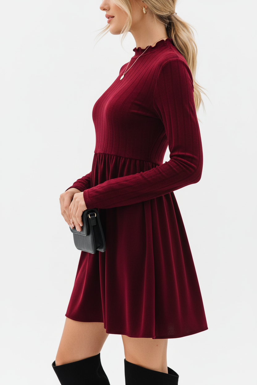 "Robe mini velours bordeaux col volant - vue de profil latéral montrant la silhouette ajustée évasée, col à volants visible de côté, jupe mini ligne A fluide, texture velours riche bordeaux, fond blanc studio BLACK-COAT"