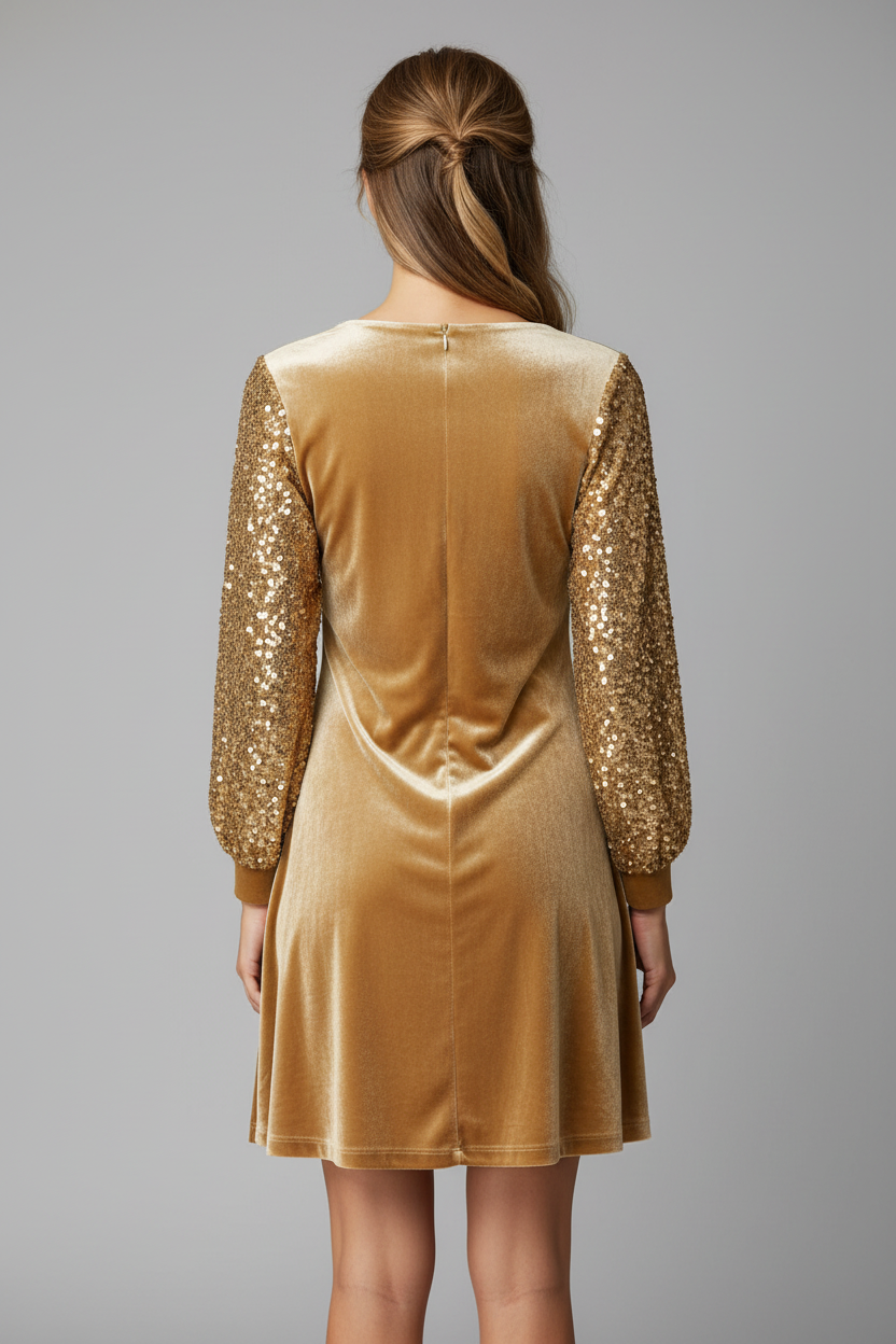 Vue de dos : Robe mini en velours doré manches sequins - vue de dos montrant la coupe structurée sans élasticité, les finitions soignées du velours 100% polyester de qualité premium, et la silhouette glamour élégante sous tous les angles parfaite pour événements spéciaux - BLACK-COAT