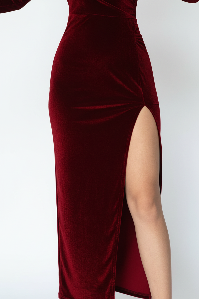 Robe en velours rouge bordeaux - gros plan sur la fente latérale dramatique et le drapé luxueux du velours avec détails élégants - BLACK-COAT