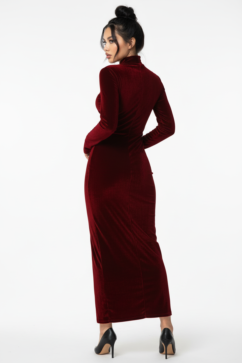 Robe en velours rouge bordeaux avec col montant et manches longues - vue de dos montrant la coupe ajustée et les finitions luxueuses - BLACK-COAT