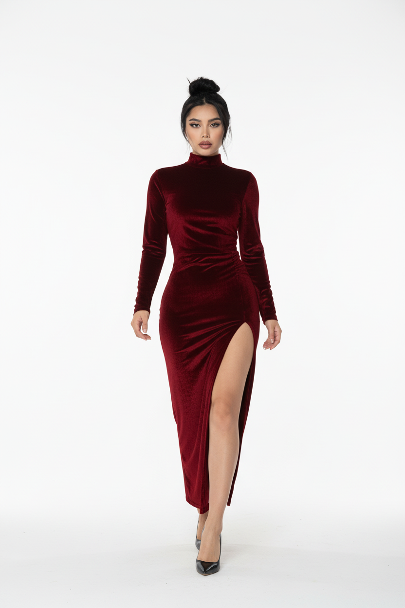  Robe en velours rouge bordeaux avec col montant et fente latérale - pose en mouvement de face illustrant l'élégance et le glamour du vêtement - BLACK-COAT