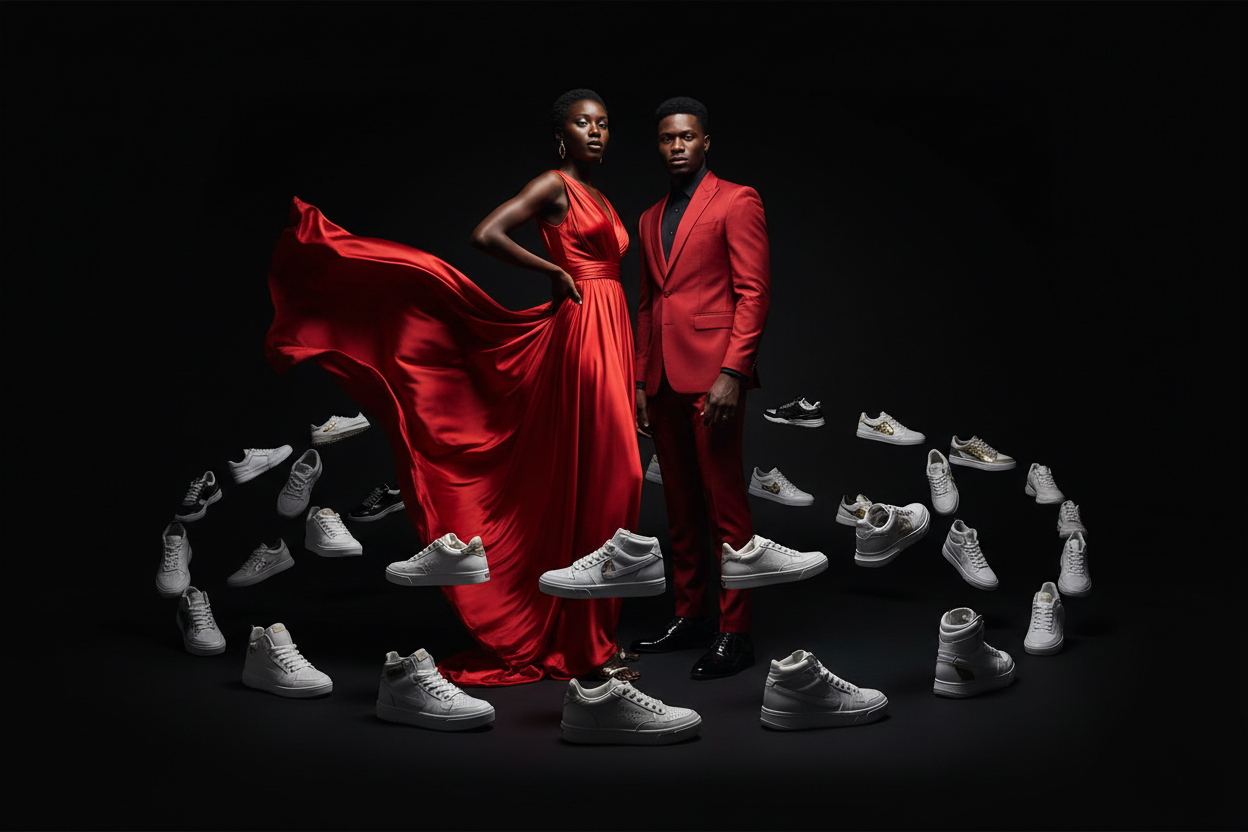 un fond noir au milieu une femme noir vêtu d'une robe rouge avec un homme noir vêtu d'un costumes rouge tout deux entourer de chaussure basket hommes et femmes